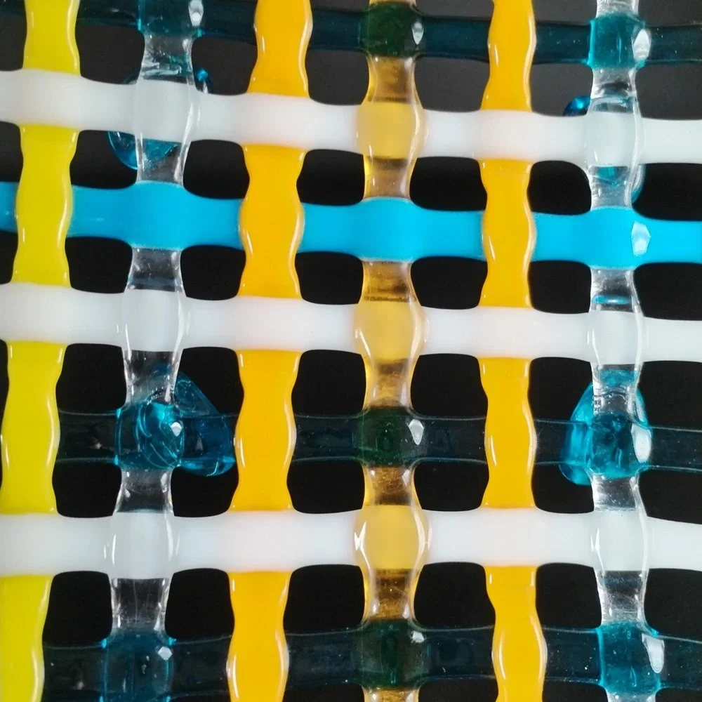 Vintage Fused Art Glass Lattice Tray Woven Grid Bowl Platter Colorful Blue Feet